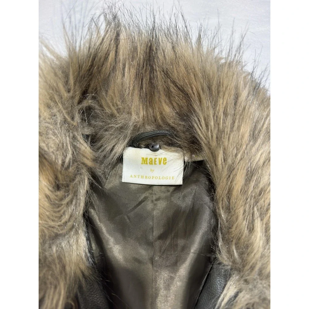 Maeve By Anthropologie Coat Womens Large Gray Faux Leather Fur Collar Winter - Picture 2 of 10